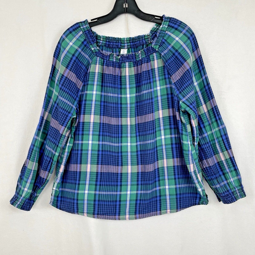 Old Navy Womens Plaid Off Shoulder Smocked Long‎ Sleeve Top Size M